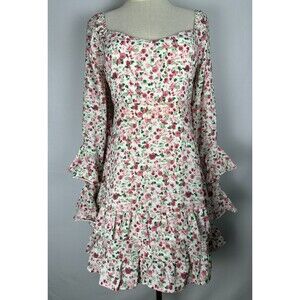 NWT Pink Floral Fairy Coquette Ruffle Mini Dress L Cottagecore Soft Girl Garden